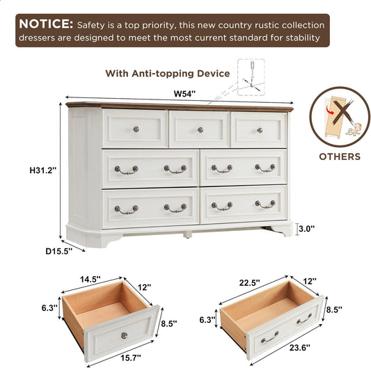 Farmhouse 7 Drawers Dresser for Bedroom, 54" Wide Wood Rustic Chest of Drawers with Natural Texture, Vintage Design, Storage Dressers Organizer for Bedroom, Living Room, Hallway, Antique White