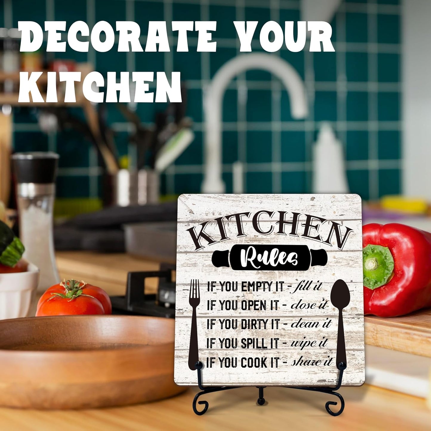 Rustic Wood Plaque with Stand - Kitchen Decor - Kitchen Rules Wood Sign - Idea Wooden Decor for Home Living Room Dining Room Shelf Table Decoration (31)