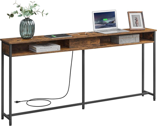 70.9-Inch Console Table with Outlet and Shelves, Sofa Table with Charging Station, behind Couch Table Skinny, Entryway Table for Hallway, Living Room, Rustic Brown and Ink Black ULNT118B01