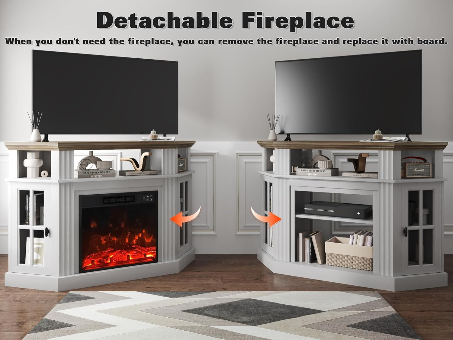 Corner Fireplace TV Stand for Television up to 55" with Storage Cabinets, Entertainment Center, Media Console for Living Room, Bedroom, White＆Rustic