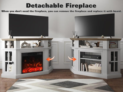 Corner Fireplace TV Stand for Television up to 55" with Storage Cabinets, Entertainment Center, Media Console for Living Room, Bedroom, White＆Rustic