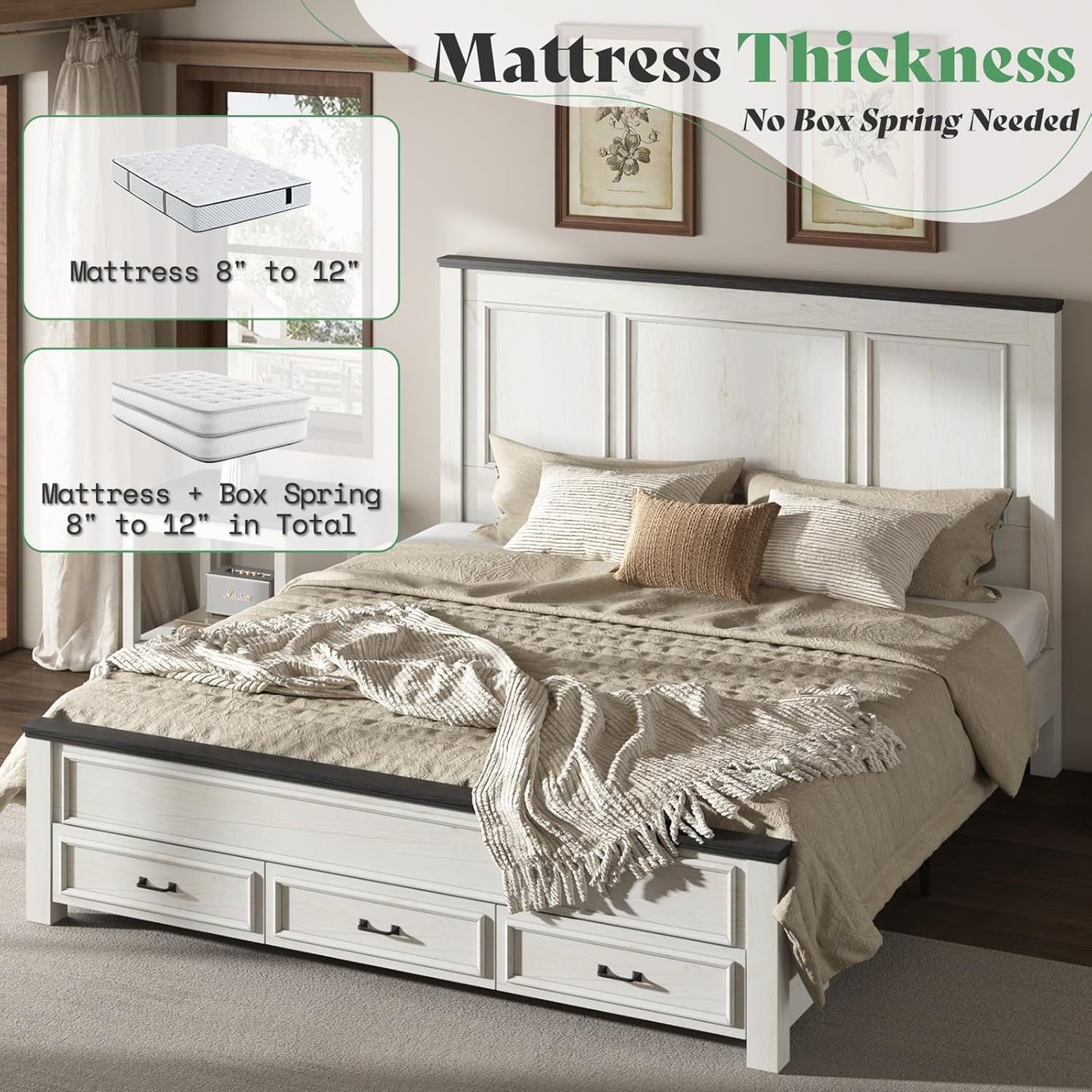 King Size Bed Frame with 52.2" Tall -Panel Headboard & Footboard, Farmhouse Wood Platform Bed Frame with 3 Large Storage Drawers, Noiseless, No Box Spring Needed, Rustic White