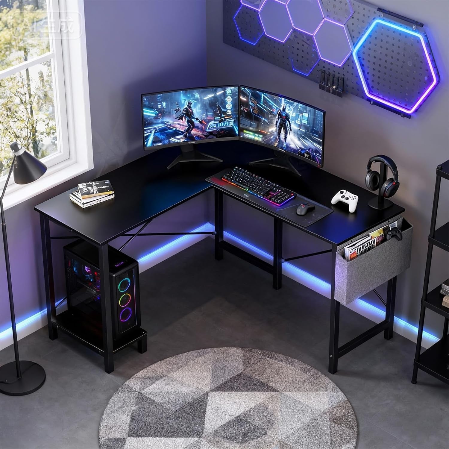 L Shaped Desk, 50-Inch Office Computer Gaming Desks Corner PC Table with Side Bag and Reversible Shelf for Home Work Study Writing Black