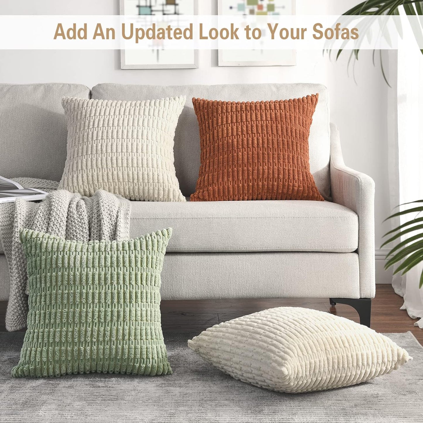 Pack of 2 Sage Green Decorative Throw Pillow Covers 18X18 Inch, Soft Corduroy Striped Square Cushion Cases, Modern Farmhouse Boho Home Decor for Spring Couch Bed Sofa Living Room