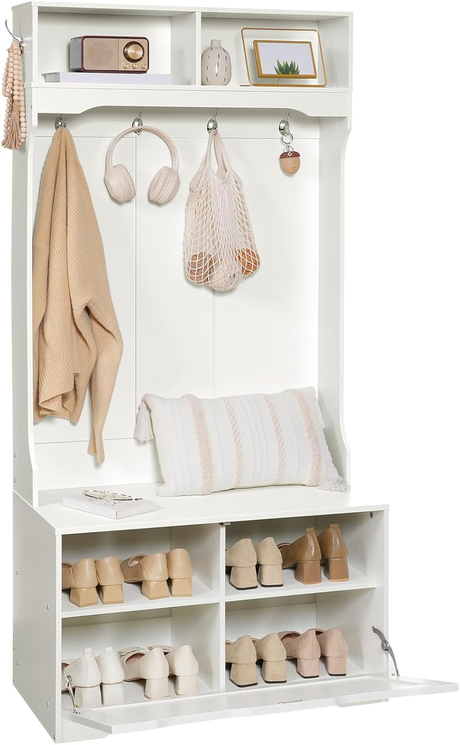 Hall Tree with Bench and Shoe Storage, Entryway Bench with Coat Rack and Shoe Cabinet, Flip-Down Cabinet Door, Coat Rack with Shoe Rack, for Mud Room, White WT84MT01