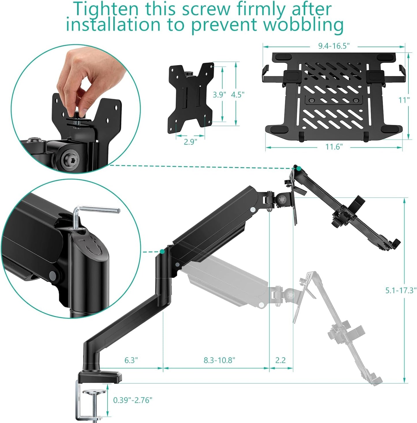 Laptop Desk Mount, 2-In-1 Monitor Mount with Adjustable Laptop Tray, Fits Max 17" Notebook and 34" Computer Screen, Max Holds 22-26.4 Lbs, Single Monitor Laptop Stand for Desk (GSMP001NLP), Black