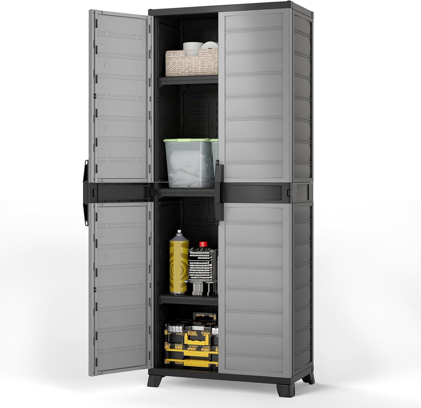 68" Lockable Storage Cabinet, PP Garage Storage Shed with Doors, 3 Adjustable Shelves, Freestanding Tool Locker, Shelving Unit for Pantry, Basement, Laundry Room or Mudroom