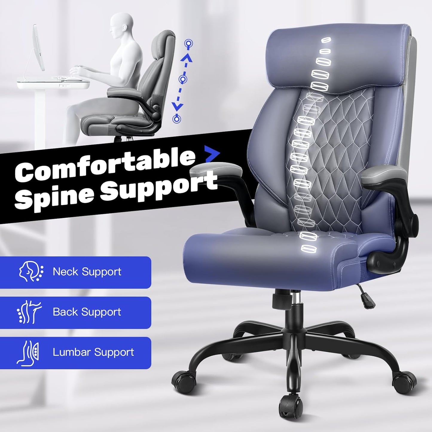 High Back Executive Ergonomic Computer Desk Chair with Rocking Function, Leather Managerial Office Chair with Adjustable Flip-Up Armrests and Lumbar Support