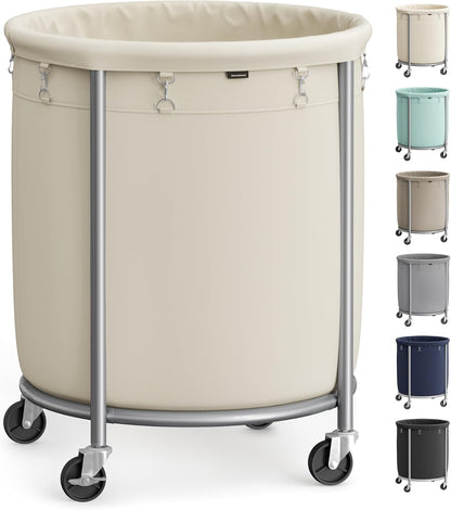 50.2-Gallon (190 L) Laundry Basket with Wheels, Rolling round Heavy-Duty Laundry Hamper Cart with Steel Frame and Removable Bag, 2 Locking Wheels, Cream White and Metallic Silver URLS01MZ