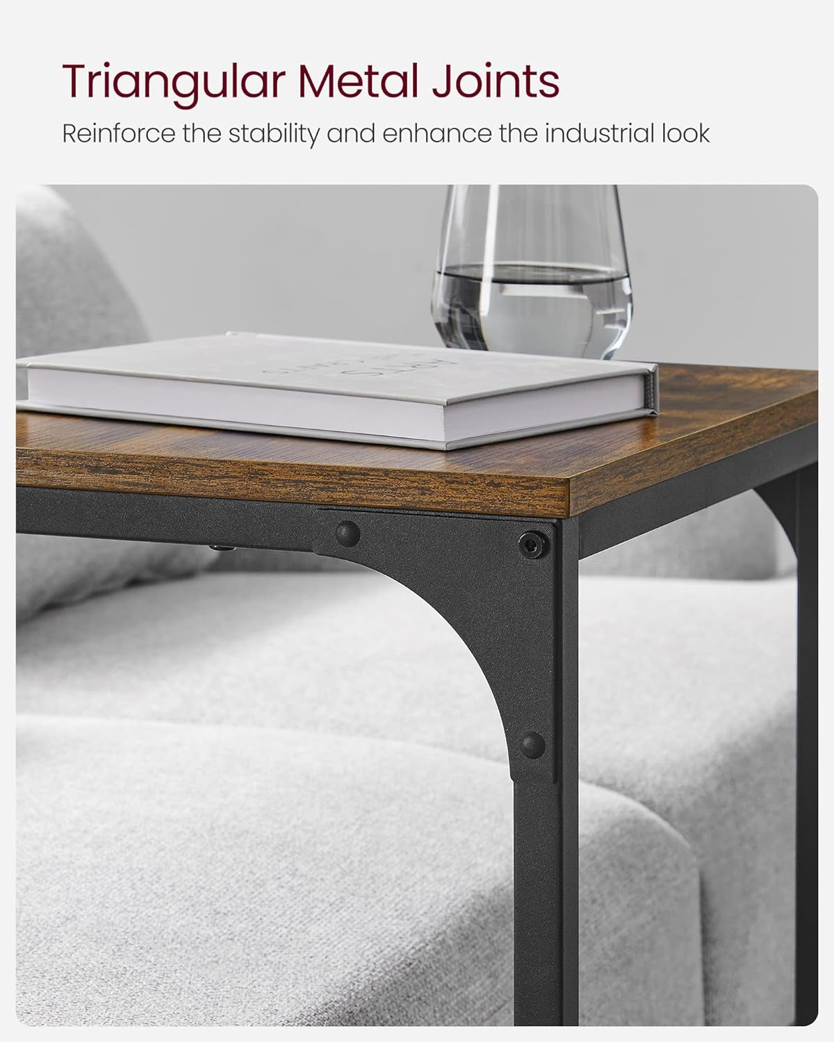C-Shaped End Table, Side Table for Sofa, Couch Table with Metal Frame, Small TV Tray Table for Living Room, Bedroom, Rustic Brown and Black