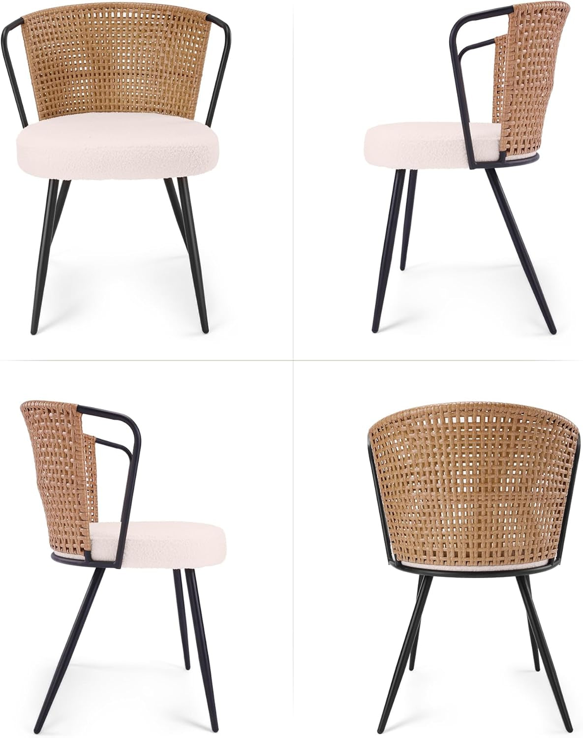 Rattan Dining Chairs Set of 4 - Farmhouse Upholstered Cane Back Kitchen Chair with Boucle Cushion, Wingback Dining Room Seat with Metal Legs for Home, Kitchen (Brown)