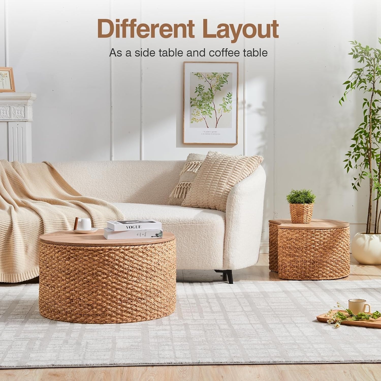 Round Nesting Coffee Table Set of 2 with Storage - Handwoven Wicker Rattan Ottoman Style, Boho Coastal Coffee Tables for Living Room, Rattan Coffee Table with Cover & Soild Wood Frame