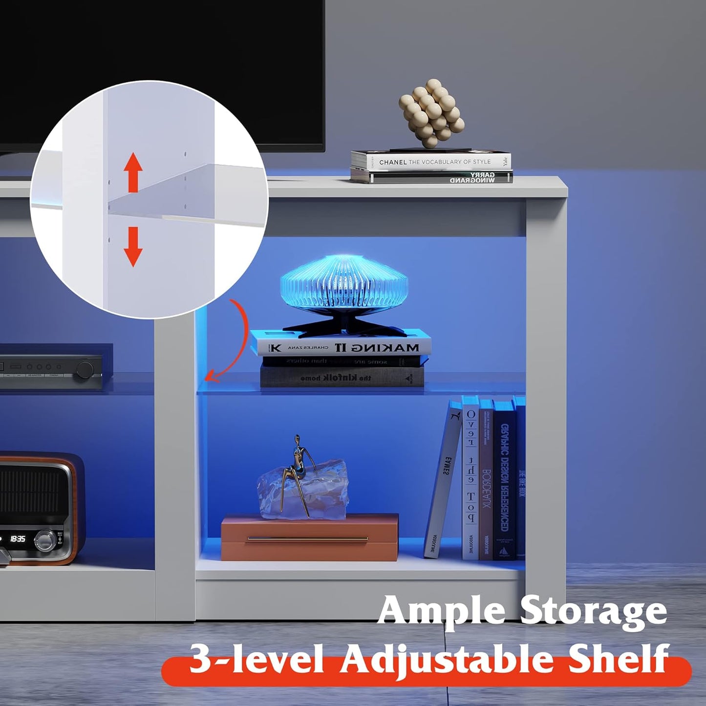 LED TV Stand for 65-Inch TV, 58-Inch Entertainment Center with Adjustable Glass Shelves, Modern Media Console for Living Room & Bedroom, White