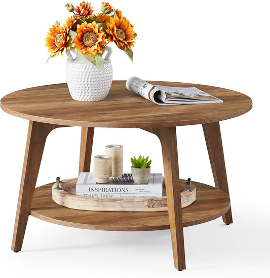 round Coffee Table, 2 Tier Coffee Table with Storage, for Living Room, 31.5 X 17.7 Inches, Easy to Assemble, Honey Brown ULCT243K41