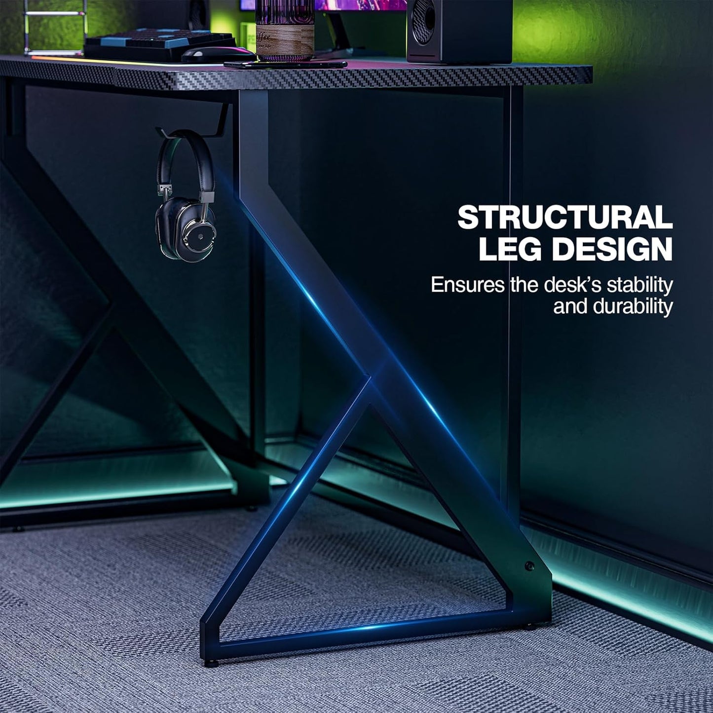 Gaming Desk Z Shaped 40 Inch Gamer Workstation, Home Computer Carbon Fiber Surface Gaming Desk PC Table with Headphone Hook, Carbon Fiber Black