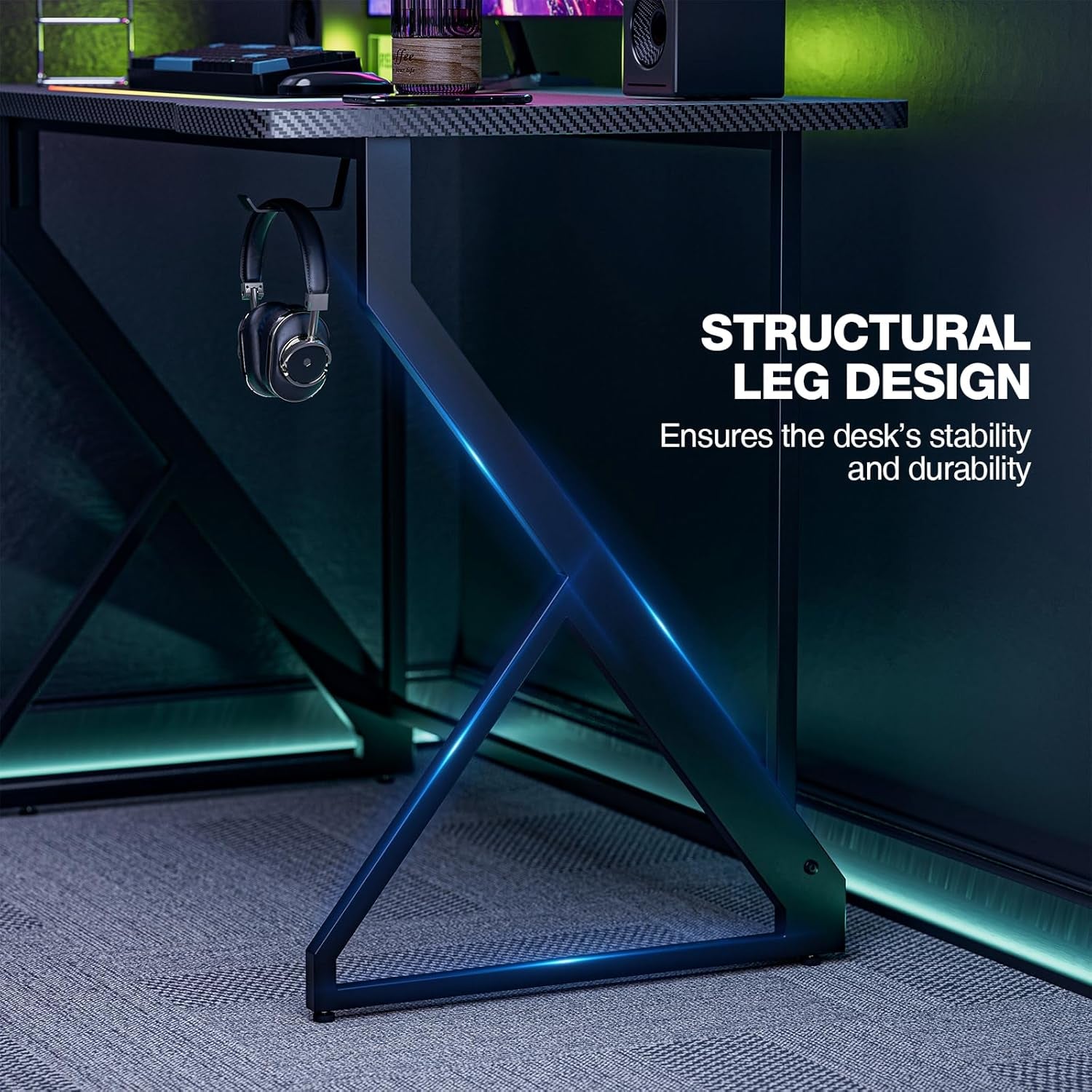 Gaming Desk Z Shaped 40 Inch Gamer Workstation, Home Computer Carbon Fiber Surface Gaming Desk PC Table with Headphone Hook, Carbon Fiber Black