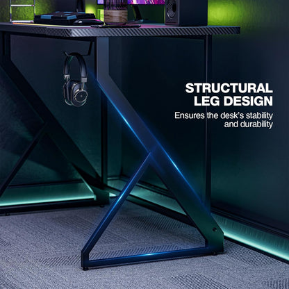 Gaming Desk Z Shaped 40 Inch Gamer Workstation, Home Computer Carbon Fiber Surface Gaming Desk PC Table with Headphone Hook, Carbon Fiber Black