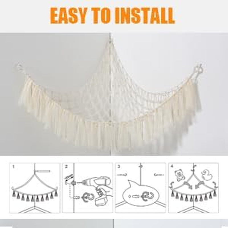 Stuffed Animal Storage Macrame Boho Plush Toy Net Hammock for Stuffed Animals with Light Pet Net for Stuffed Animals Corner Hanging Stuffed Animal Holder Teddy Bear Net for Kids Room (Shiny White)