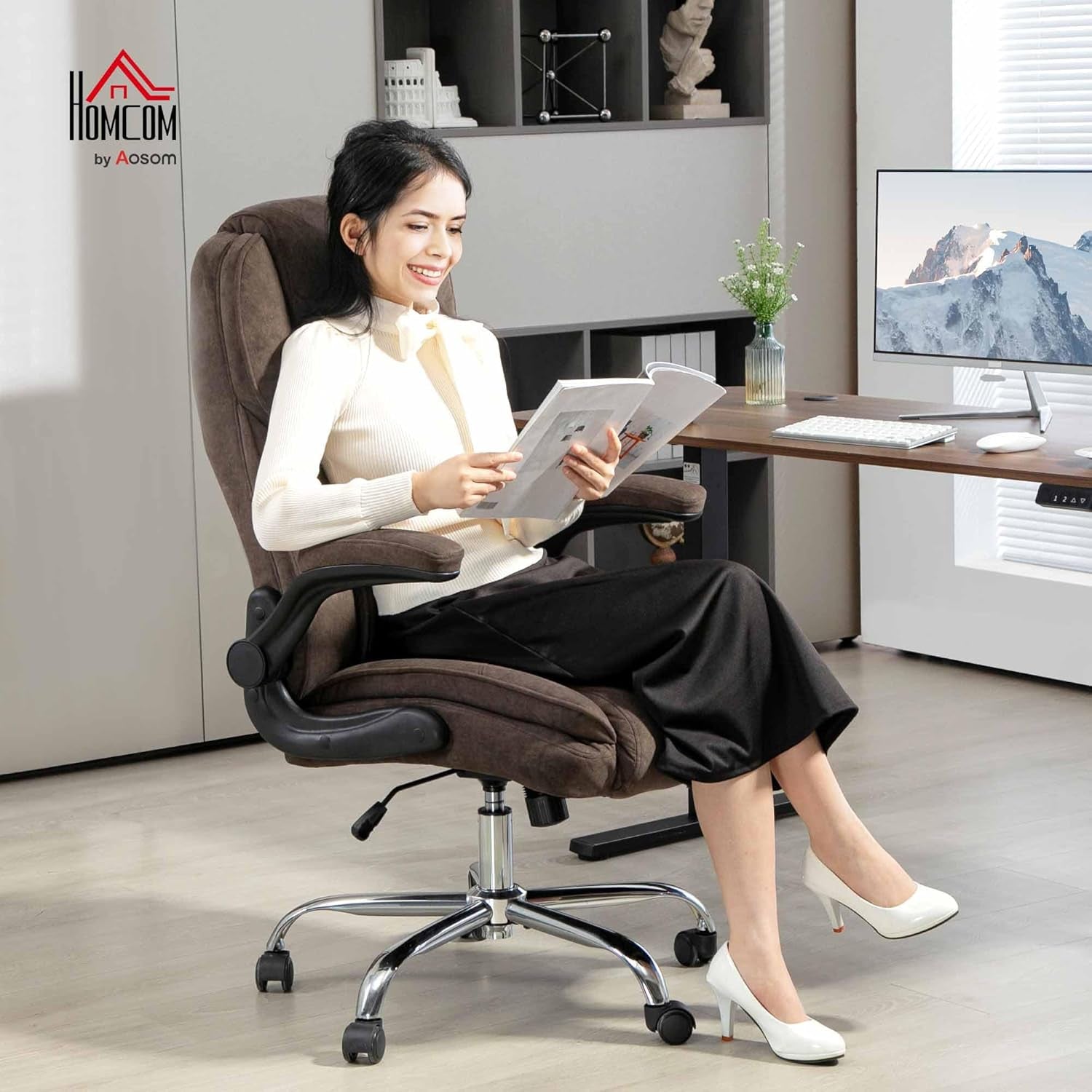 High Back Office Chair, Executive Desk Chair with Swivel Wheels, Flip-Up Armrest, Adjustable Height, Modern Diamond Fabric Computer Chair for Home Office, Dark Brown