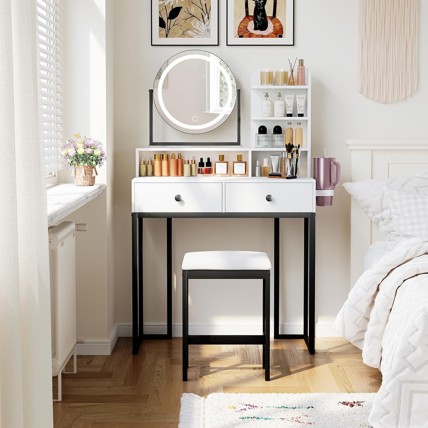 Small  Desk with Mirror for Bedroom: Compact Makeup Table Set with Lights - 31.5 Inch White Dresser Vanities with Chair for Girls