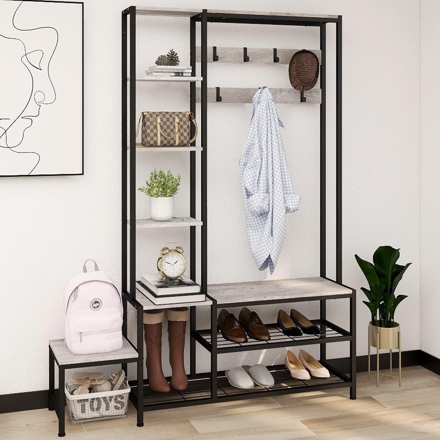 Hall Tree with Shoe Storage Bench Coat Rack with 7 Hooks Interchangeable 4 Tier Side Storage Shelves Small Cute Side Bench Industrial 5-In-1 Entryway Coat Rack for Hallway Mudroom Bedroom