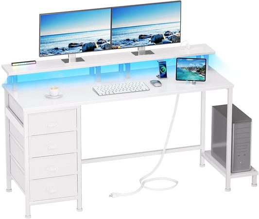 55" White Computer Desk with 4 Fabric Drawers & Monitor Stand, Gaming Desk with Power Outlets - LED Lights, Home Office Space-Saving Study Table for Bedroom Small Spaces