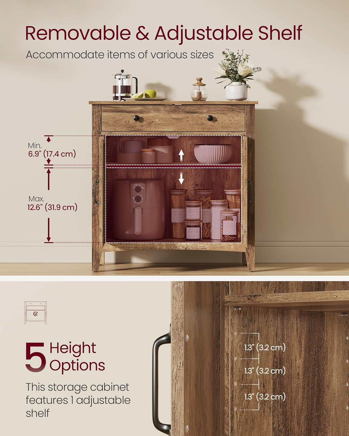 LIRY Collection - Buffet Cabinet, Coffee Bar Cabinet with a Drawer, Adjustable Shelf, Sideboard Storage with Cable Hole, Drawer Divider, Honey Brown UBBK341K01