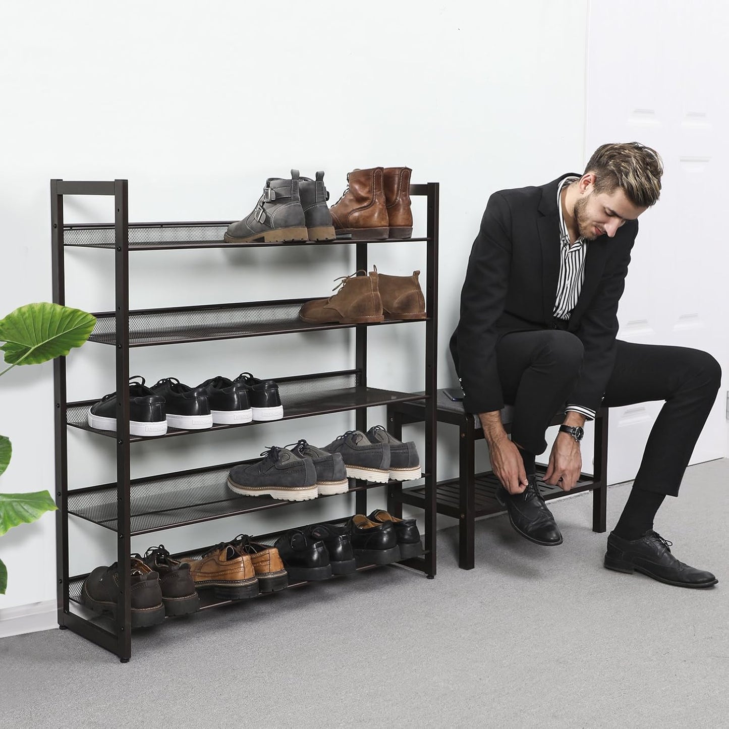 Shoe Rack, 5-Tier Shoe Organizer, Metal Shoe Storage for Garage, Stackable Shoe Shelf, with Adjustable Flat or Angled Shelves, 20-25 Pairs, Bronze ULMR05A
