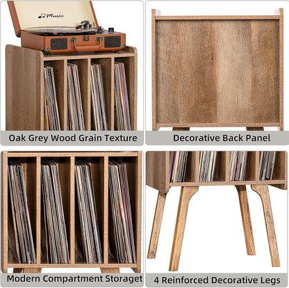 Record Player Stand,Vinyl Record Storage Table with 4 Cabinet up to 100 Albums,Mid-Century Modern Turntable Stand with Wood Legs,Oak Grey Vinyl Holder Display Shelf for Bedroom Living Room