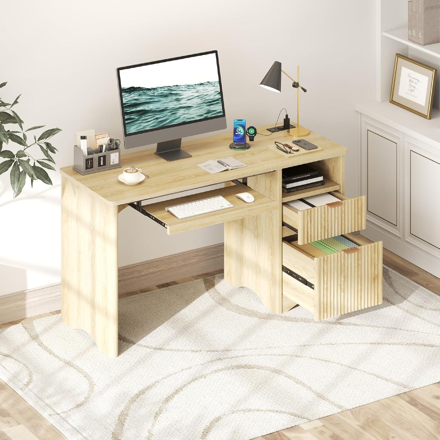 Computer Desk with Drawer, 55 Inch Office Desk with Power Outlet, Modern Home Office Desk with Keyboard Tray (Natual Oak, 55" W with Single-Sided Drawers)