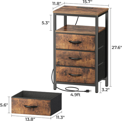 Nightstand with Charging Station, 27.6 Inch Bedside Table with Fabric Drawers, End Table with USB Ports and Outlets, Night Stand for Bedroom, Rustic Brown