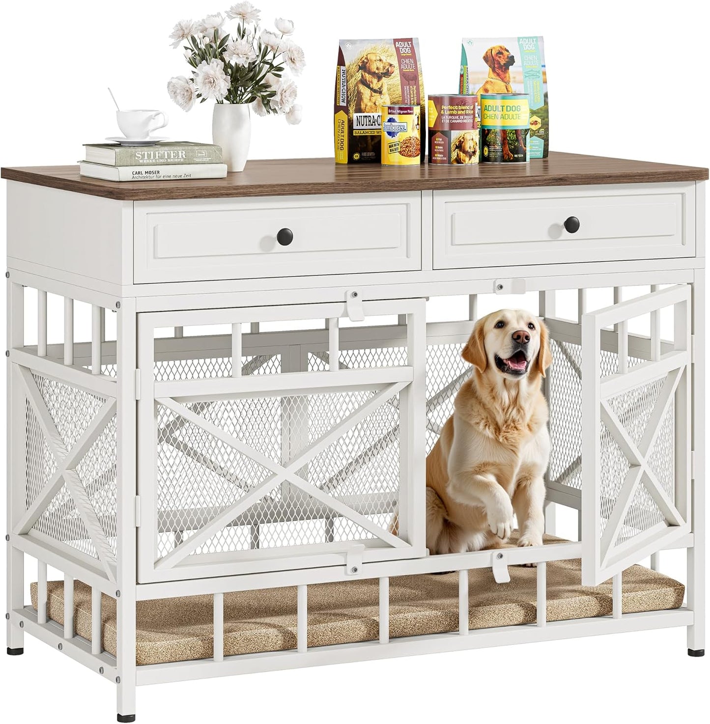 44 Inch Large Dog Crate Furniture, Wooden Dog Kennel with Storage Drawers for Medium/Large Dogs, Decorative Dogs Kennel Indoor, White and Walnut