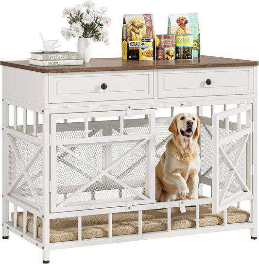 44 Inch Large Dog Crate Furniture, Wooden Dog Kennel with Storage Drawers for Medium/Large Dogs, Decorative Dogs Kennel Indoor, White and Walnut