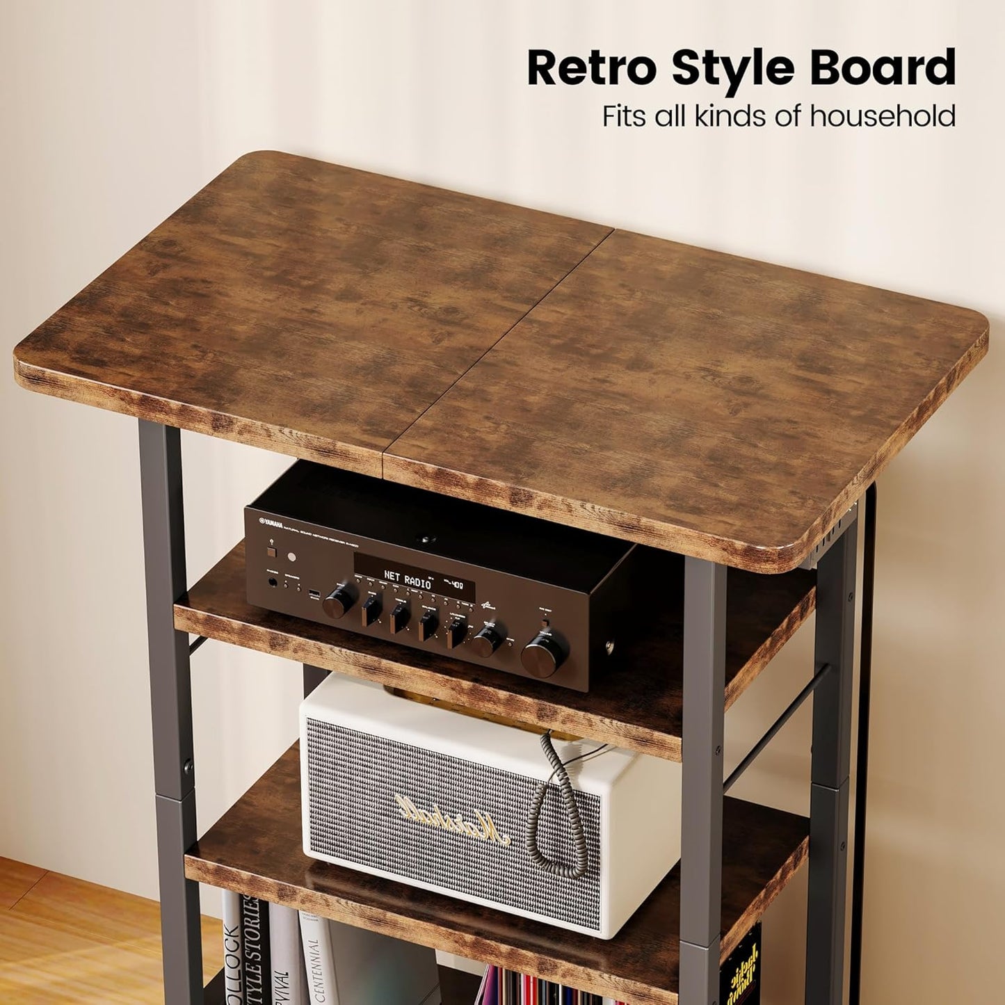 4-Tier AV Media Stand with Power Outlet, Wooden Record Player Stand, Entertainment Center with Storage Shelves, Stereo Stand DVD Stand for Bedroom, Living Room, Brown