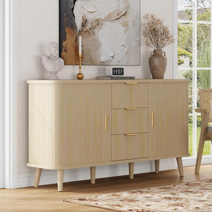 Natrual Buffet Cabinet, 55" Wide Sideboard Buffet Storage Cabinet with Rolling & Sliding Doors, Modern Bar Cabinet for Kitchen & Dining Room