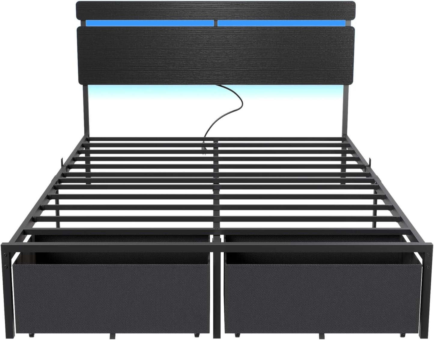 Queen Bed Frame with Wood Headboard, Black Platform Bed with 2 Storage Drawers & Shelf, Built-In Charging Station & LED Lights, Metal Support, No Box Spring Needed, Cama Queen Size
