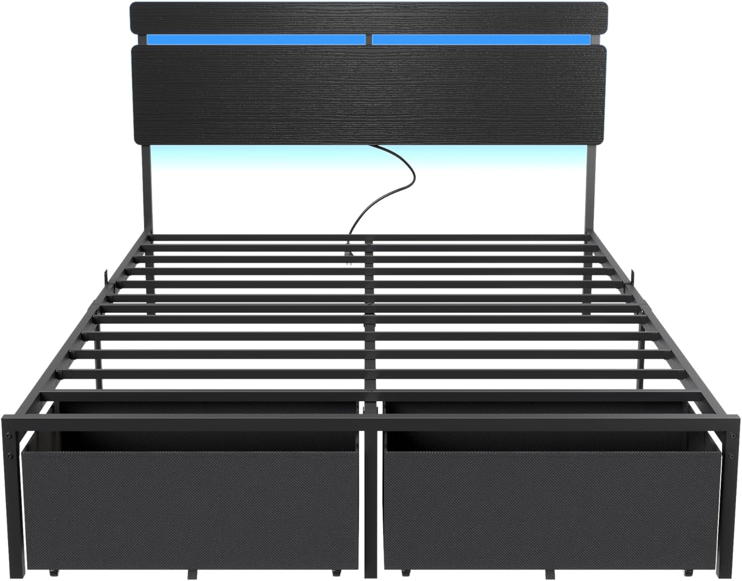 Queen Bed Frame with Wood Headboard, Black Platform Bed with 2 Storage Drawers & Shelf, Built-In Charging Station & LED Lights, Metal Support, No Box Spring Needed, Cama Queen Size