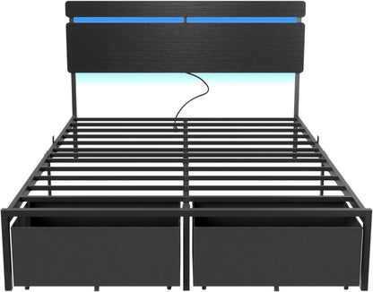 Queen Bed Frame with Wood Headboard, Black Platform Bed with 2 Storage Drawers & Shelf, Built-In Charging Station & LED Lights, Metal Support, No Box Spring Needed, Cama Queen Size