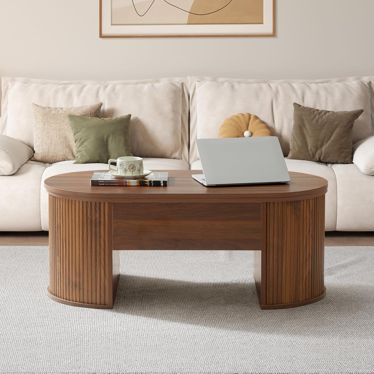 Fluted Coffee Table with Lifting Top, Oval Wood Lift Top Coffee Table with Hidden Compartment, Mid Century Pull up Center Tables for Living Room, Office - Walnut