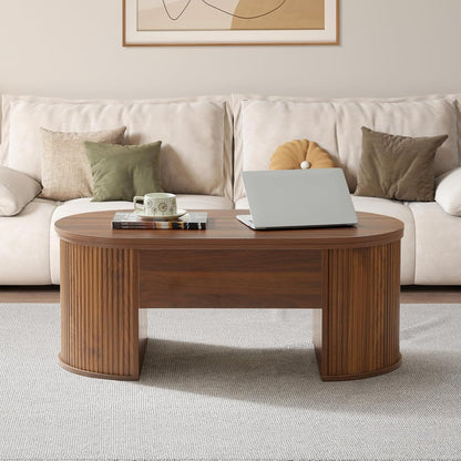Fluted Coffee Table with Lifting Top, Oval Wood Lift Top Coffee Table with Hidden Compartment, Mid Century Pull up Center Tables for Living Room, Office - Walnut