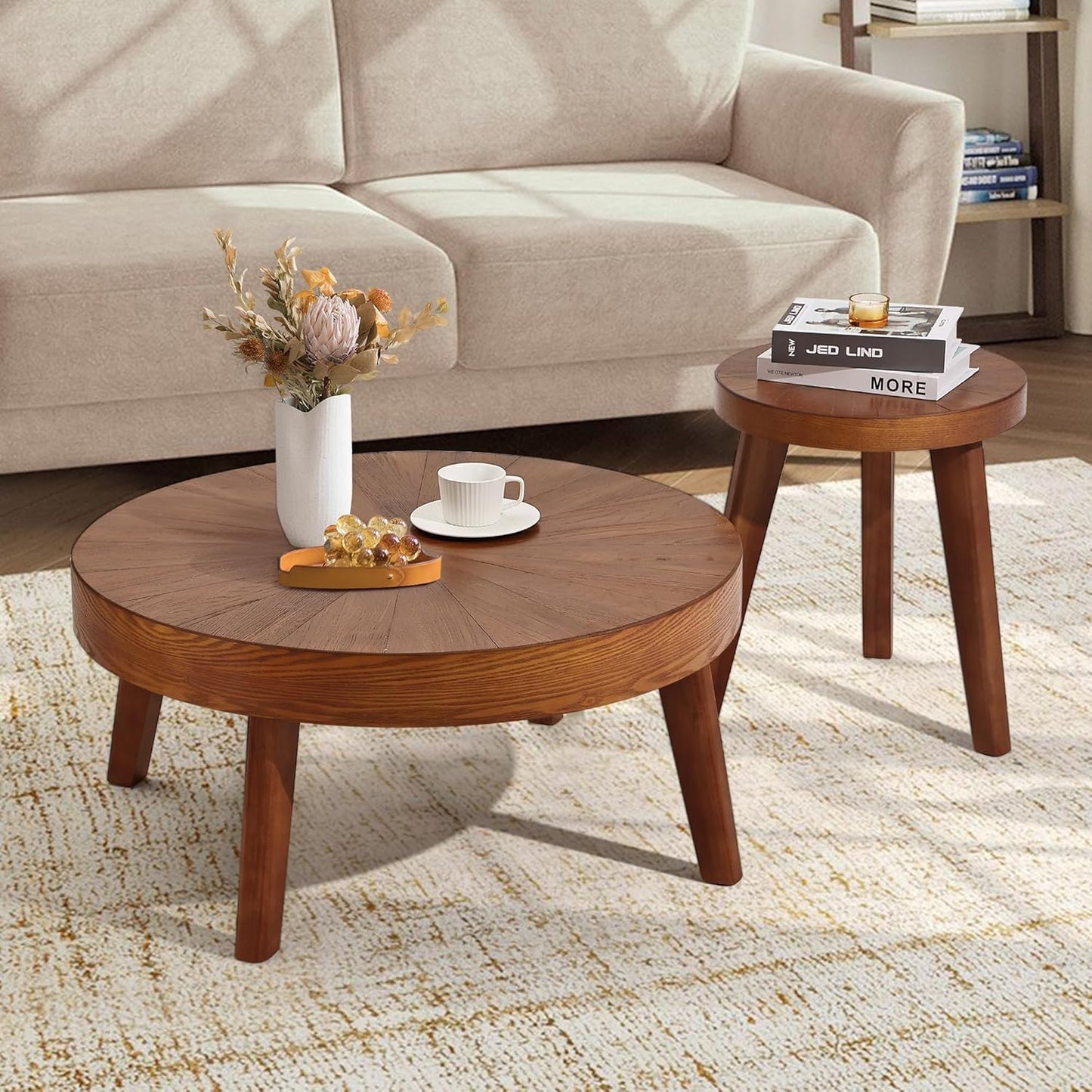Farmhouse round Coffee Table Set of 3, Boho Sofa Side Nesting Tables End Table Set with Wood Natural Finish for Living Room, Bedroom, Home Office,Brown