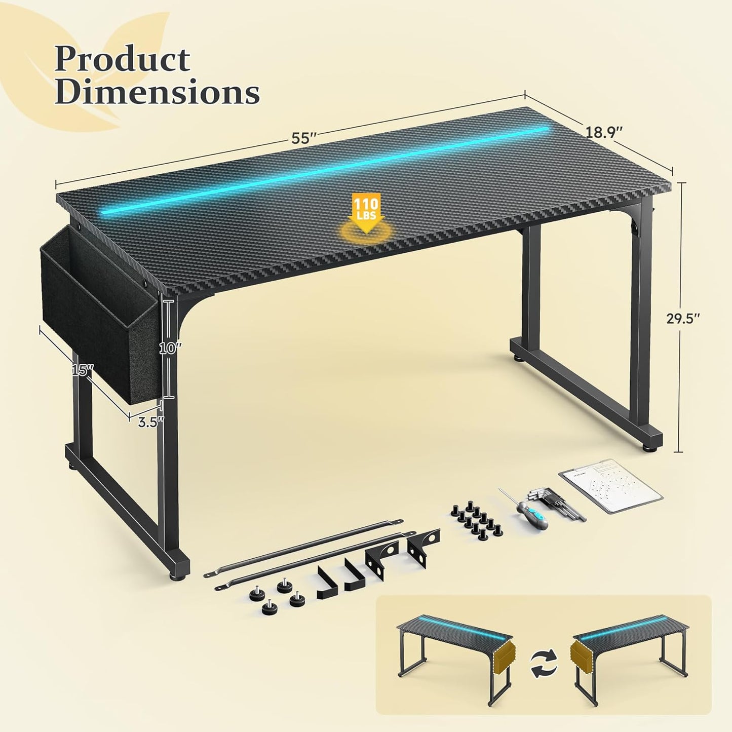 55 Inch Computer Desk with LED Lights, Gaming Desk with Storage Bag for Home Office, Simple Office Desk with Headphone Hook for Study Writing Work Desk,Sturdy Metal Frame,Black