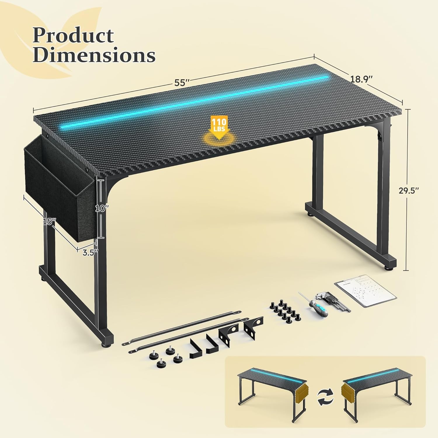 55 Inch Computer Desk with LED Lights, Gaming Desk with Storage Bag for Home Office, Simple Office Desk with Headphone Hook for Study Writing Work Desk,Sturdy Metal Frame,Black