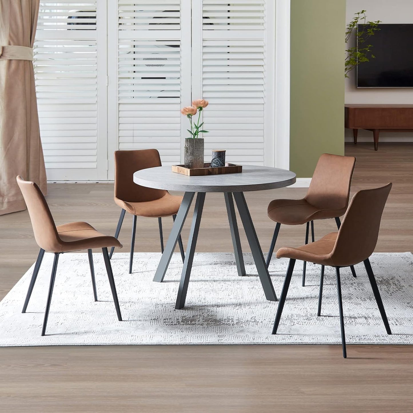 Modern Dining Chairs Set of 4, Upholstered Faux Leather Cushion Seat and Sturdy Metal Legs (4 Brown Chairs)