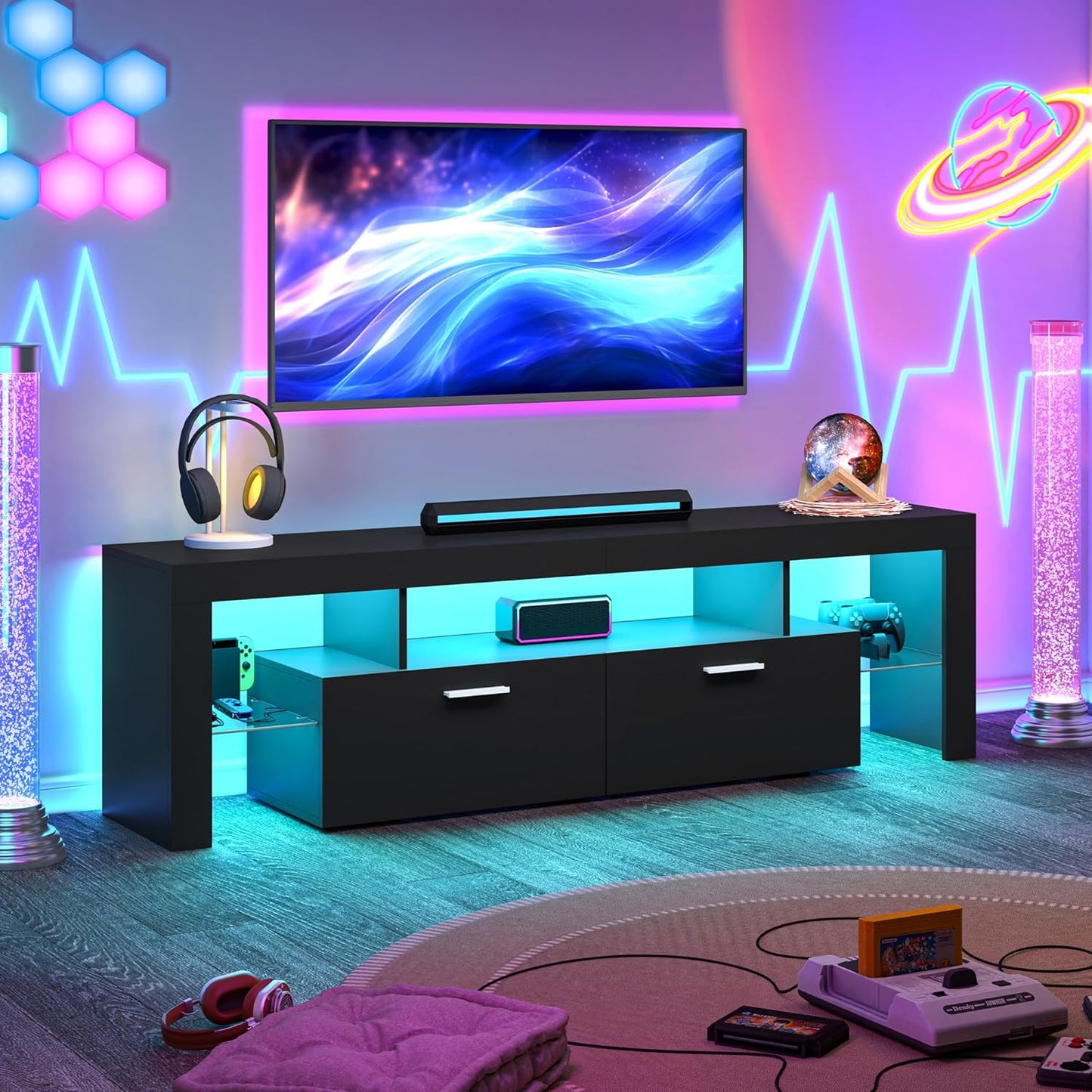 Modern Lighting 63 Inch TV Stand with Large Storage Drawer for 50 55 60 65 70 75 Inch Tvs, TV Console with 20 Color LED Lights, Entertainment Center Media and Open Shelf for Bedroom, Black