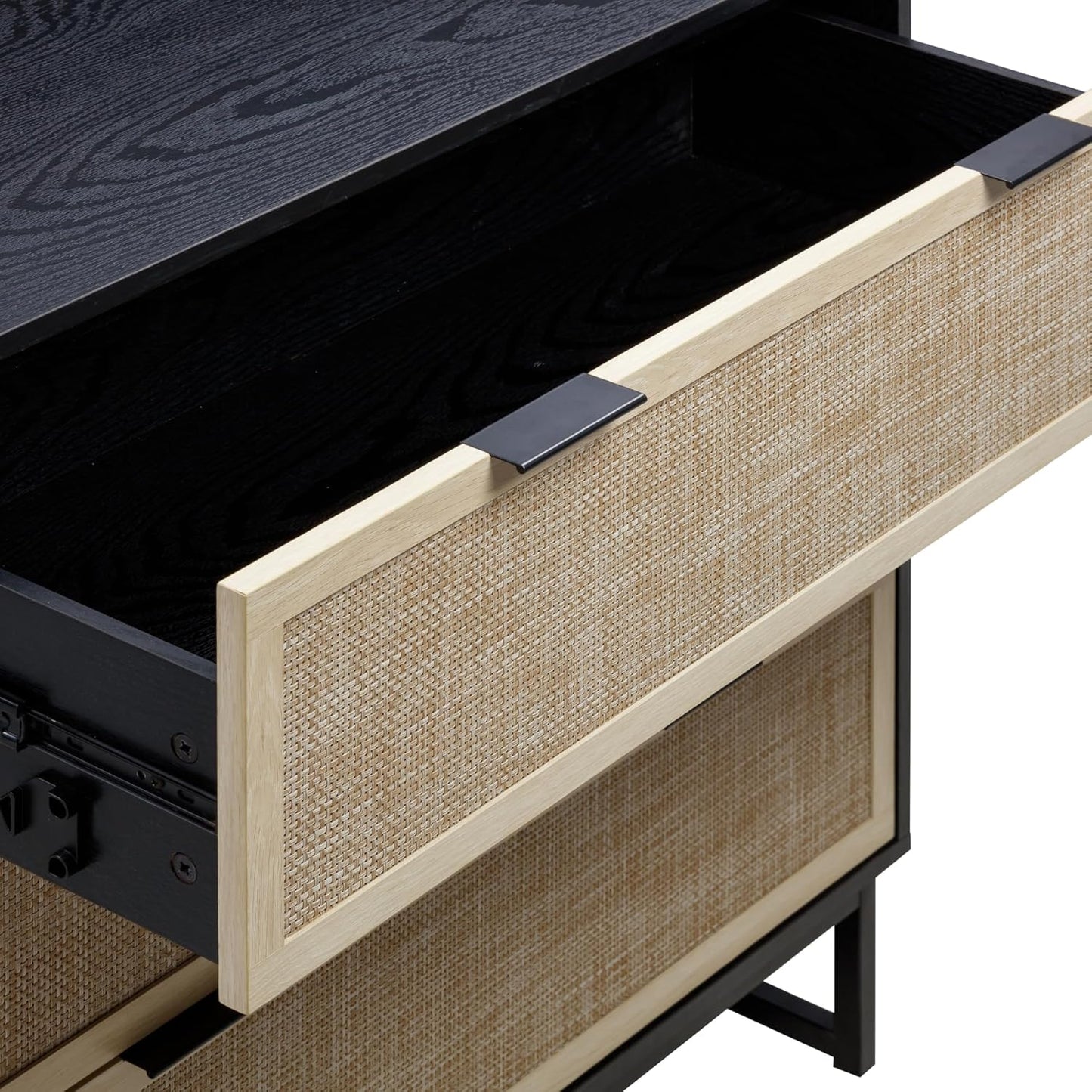 Kova Boho Dresser or Storage Cabinet with Drawers for Bedroom or Nursery with Textilene Rattan Accent and Metal Legs, Black Oak