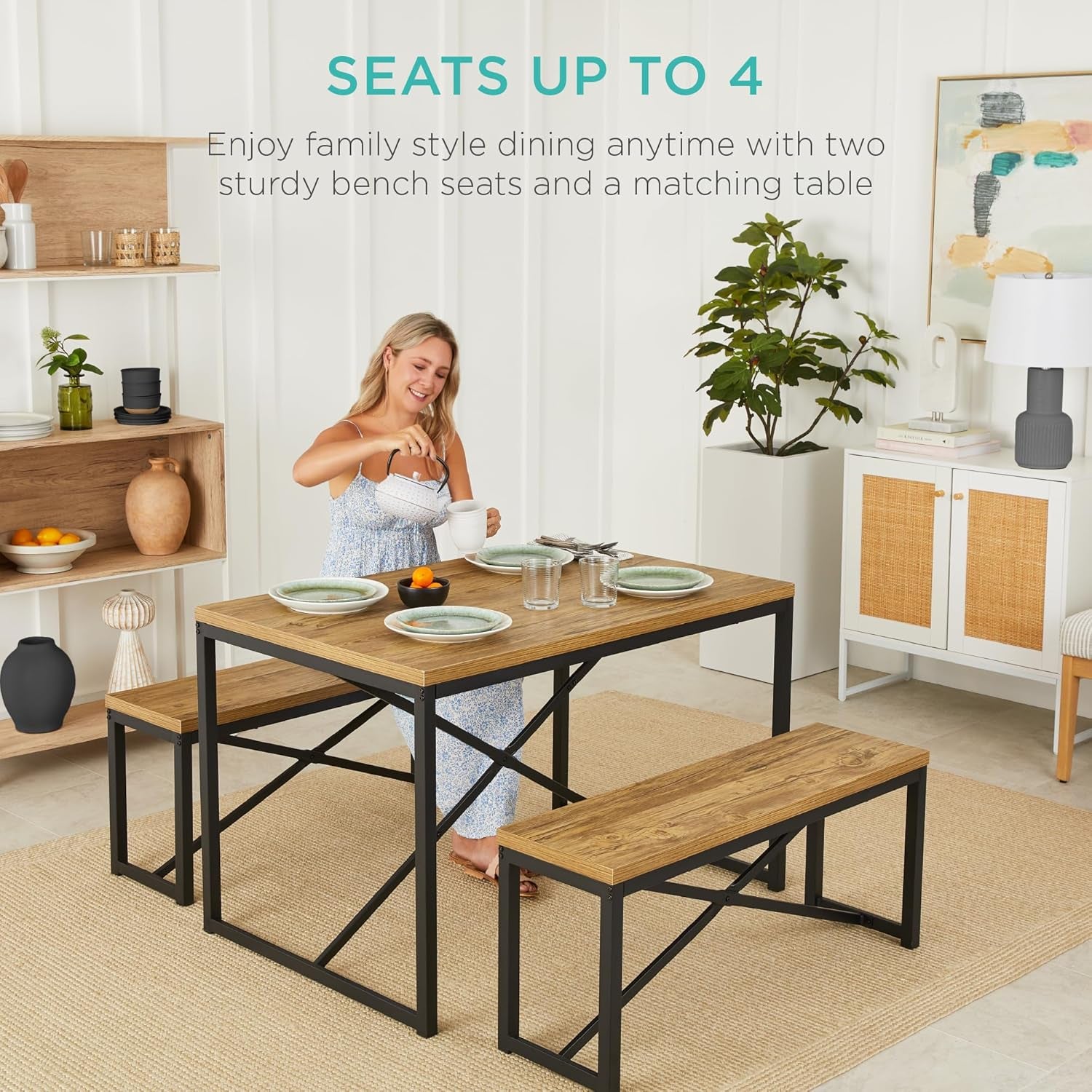 45.5In 3-Piece Bench Style Dining Furniture Set, 4-Person Space-Saving Dinette for Kitchen, Dining Room W/ 2 Benches, Table - Light Brown/Black