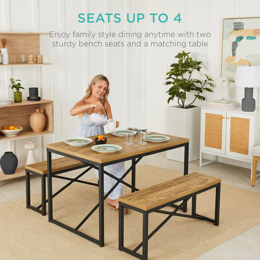 45.5In 3-Piece Bench Style Dining Furniture Set, 4-Person Space-Saving Dinette for Kitchen, Dining Room W/ 2 Benches, Table - Light Brown/Black