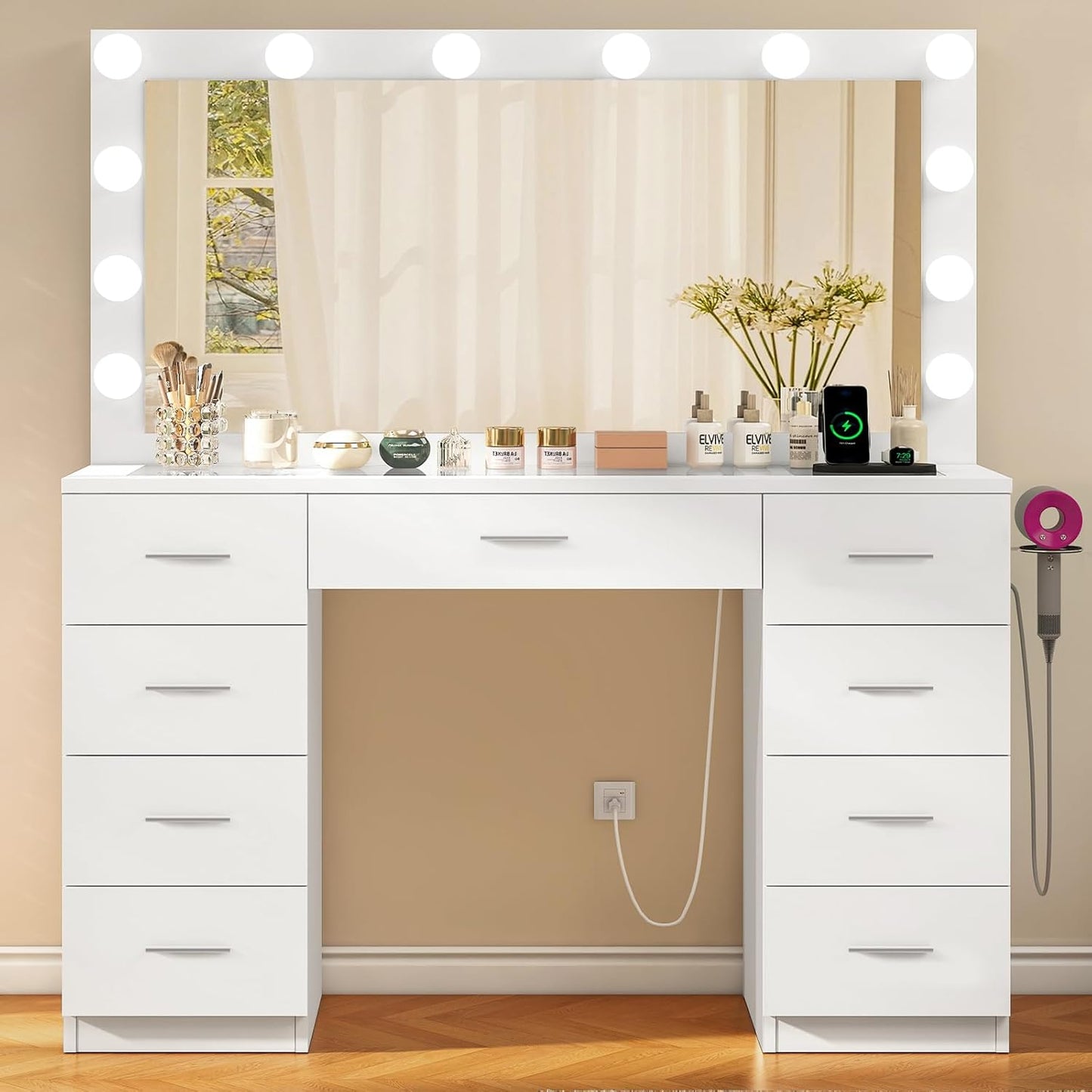 Vanity Desk with Glass Top & Large Lights Mirror, 3 Adjustable Lighting Color, 44" Makeup Vanity Desk with 9 Drawers and 12 LED Lights, Vanity Table, Dressing Table for Bedroom(White)