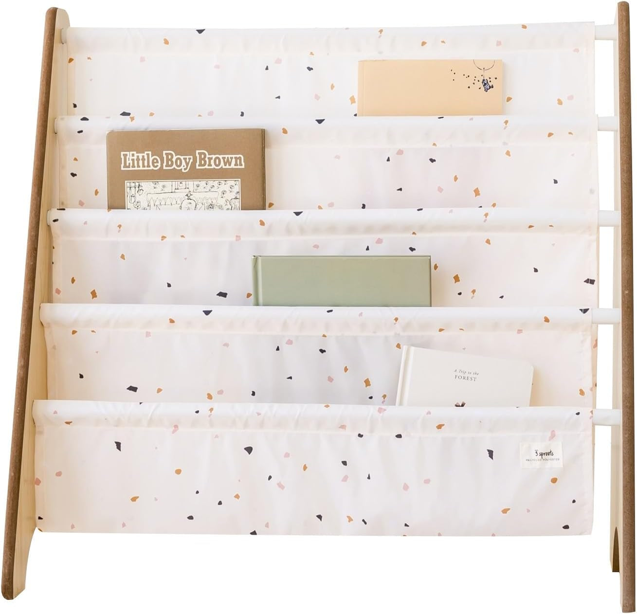 Recycled Fabric Kids Bookshelf – 4-Tier Sling Book Rack Organizer - Nursery Room Playroom Classroom Wooden Book Shelves - Kid Bookcase Wood Storage Shelf for Toddler Age 3+ - Terrazzo Cream